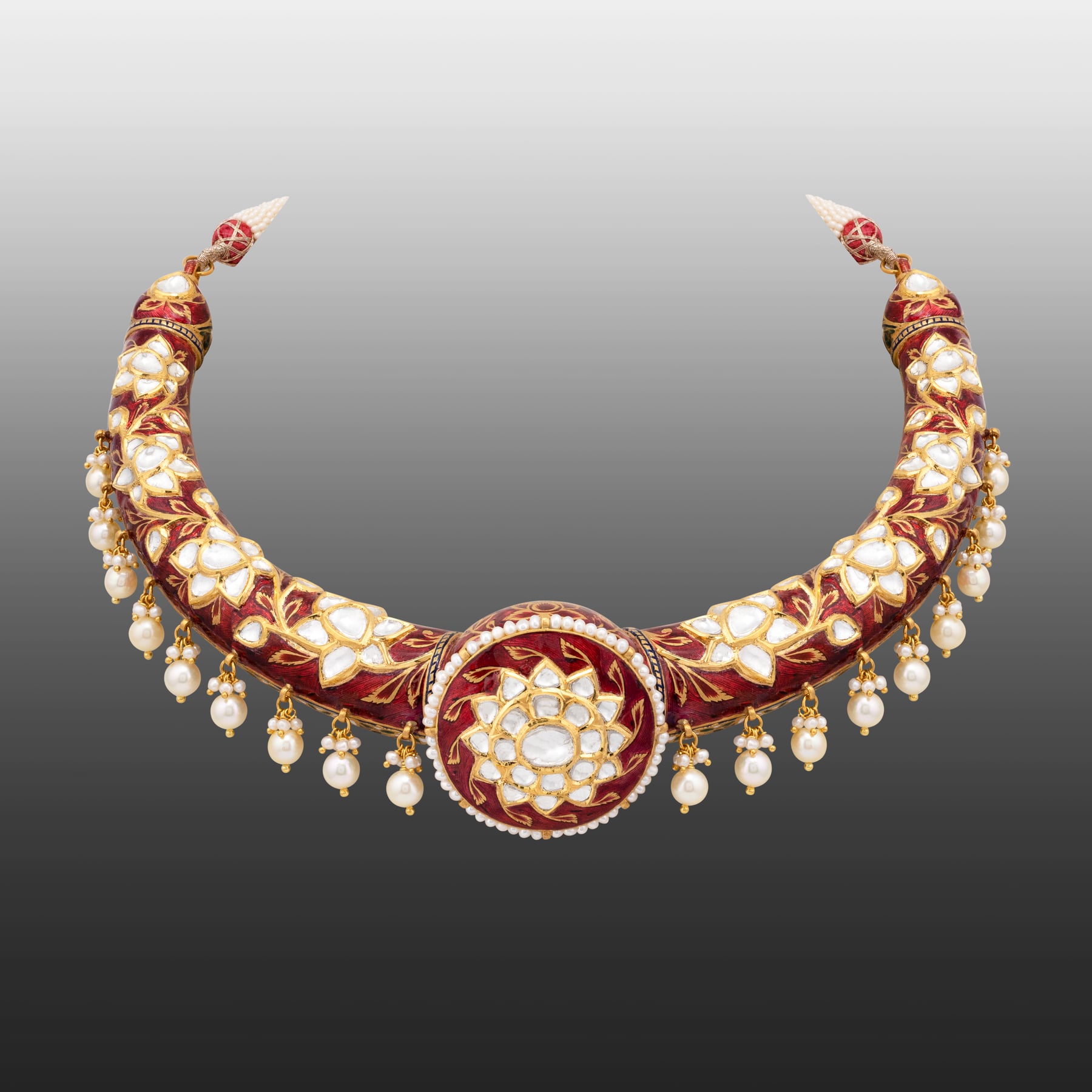 Floral Polki Hasli in Red Enamel with Pearl Drops